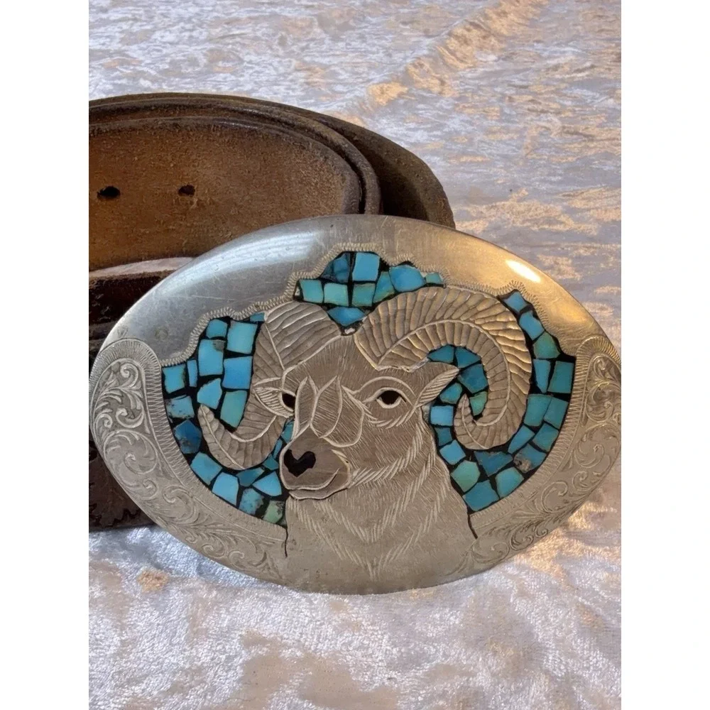 Vintage Bighorn Ram Turquoise Inlay Belt Buckle Tooled Leather Belt 43